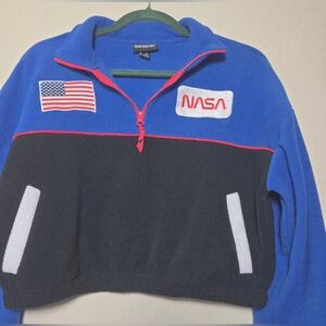 Chemistry brand blue and black NASA-themed cropped fleece pullover.